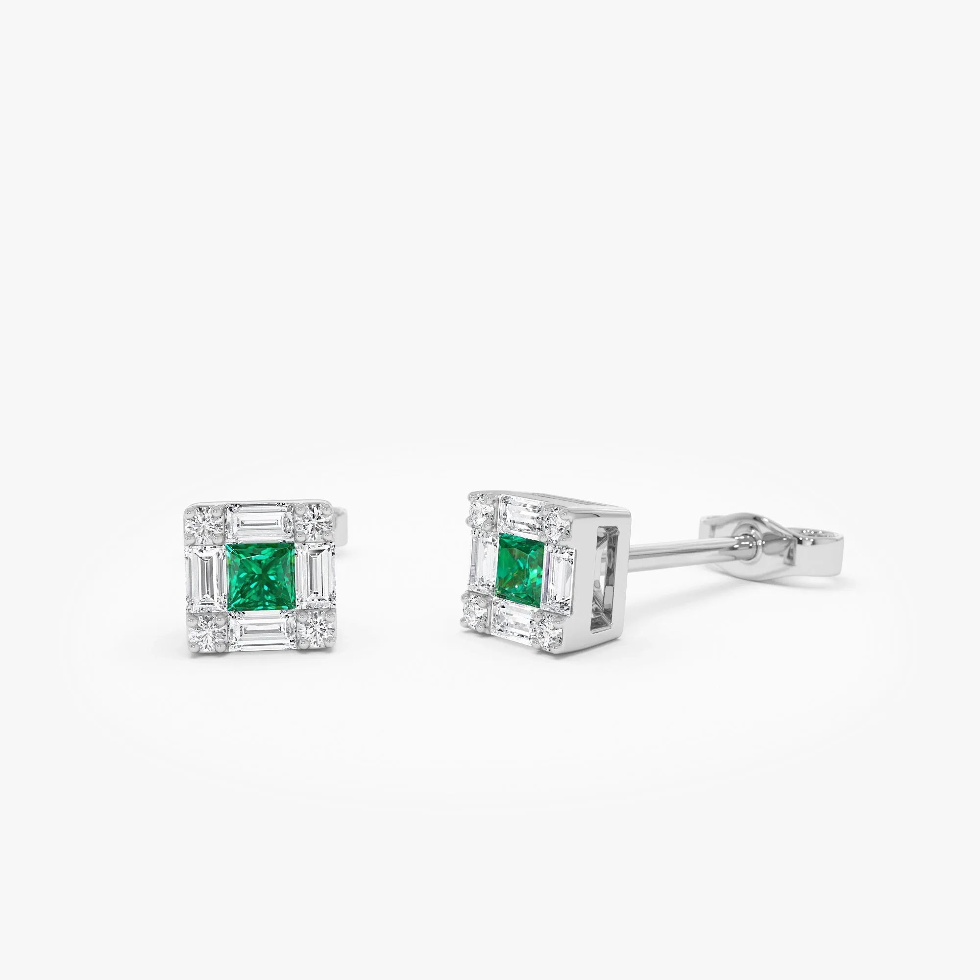 14k Solid Gold Princess Cut Emerald and Diamond Halo Stud Earrings 0.35 ctw