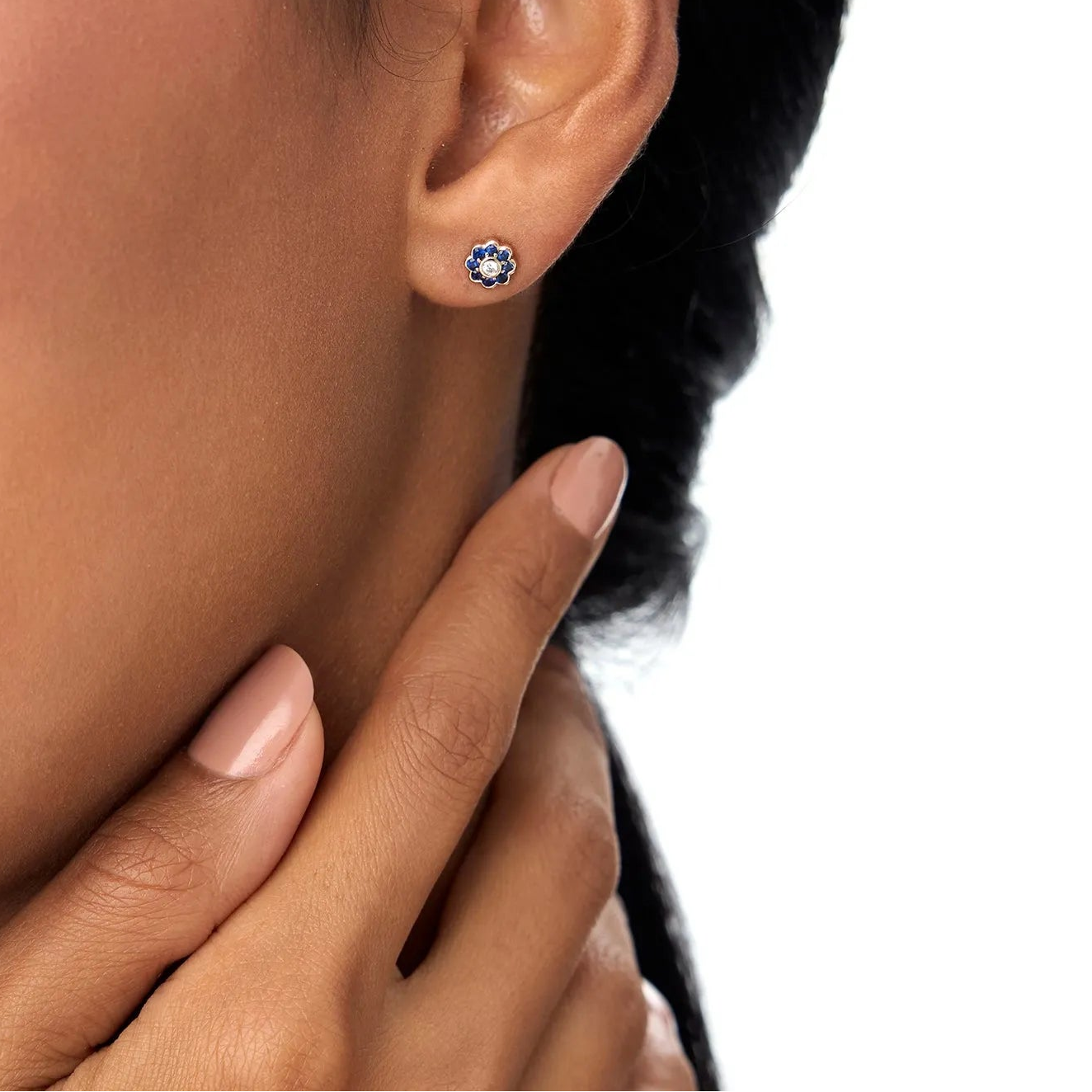 14k Solid Gold Round Blue Sapphire and Diamond Flower Bezel Set Stud Earrings 0.57 ctw