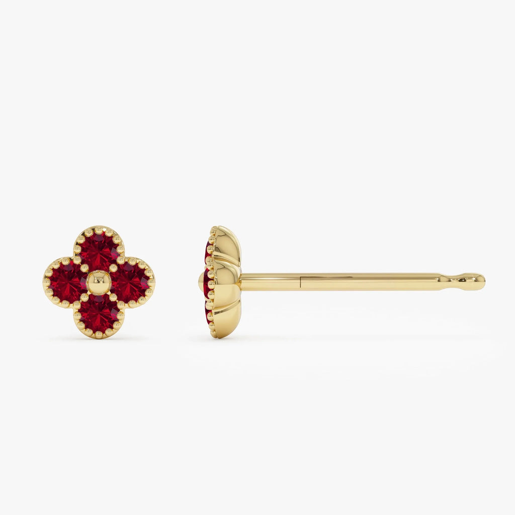 14k Gold Ruby Round Cut Clover Beaded Stud Earrings 0.35 ctw