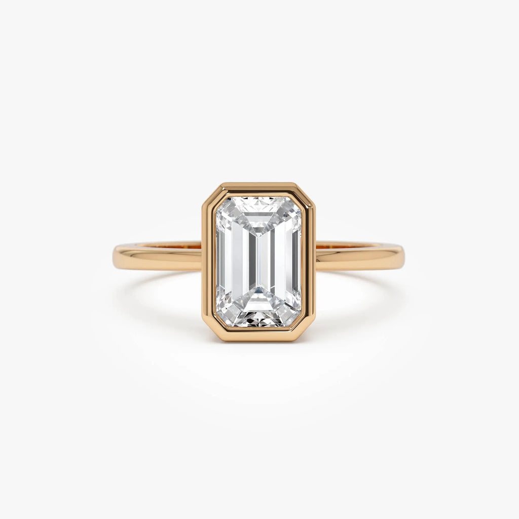 14k Gold 1.50 Carat Emerald Cut Lab Grown Diamond Bezel Setting Engagement Ring IGI Certified