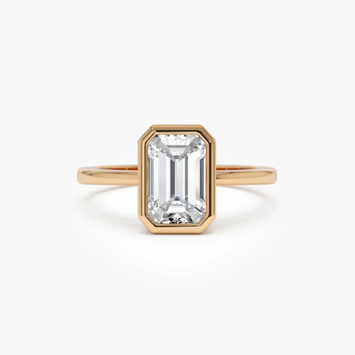 14k Gold 1.50 Carat Emerald Cut Lab Grown Diamond Bezel Setting Engagement Ring IGI Certified