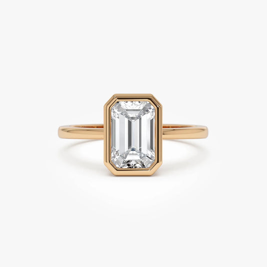 14k Gold 1.50 Carat Emerald Cut Lab Grown Diamond Bezel Setting Engagement Ring IGI Certified