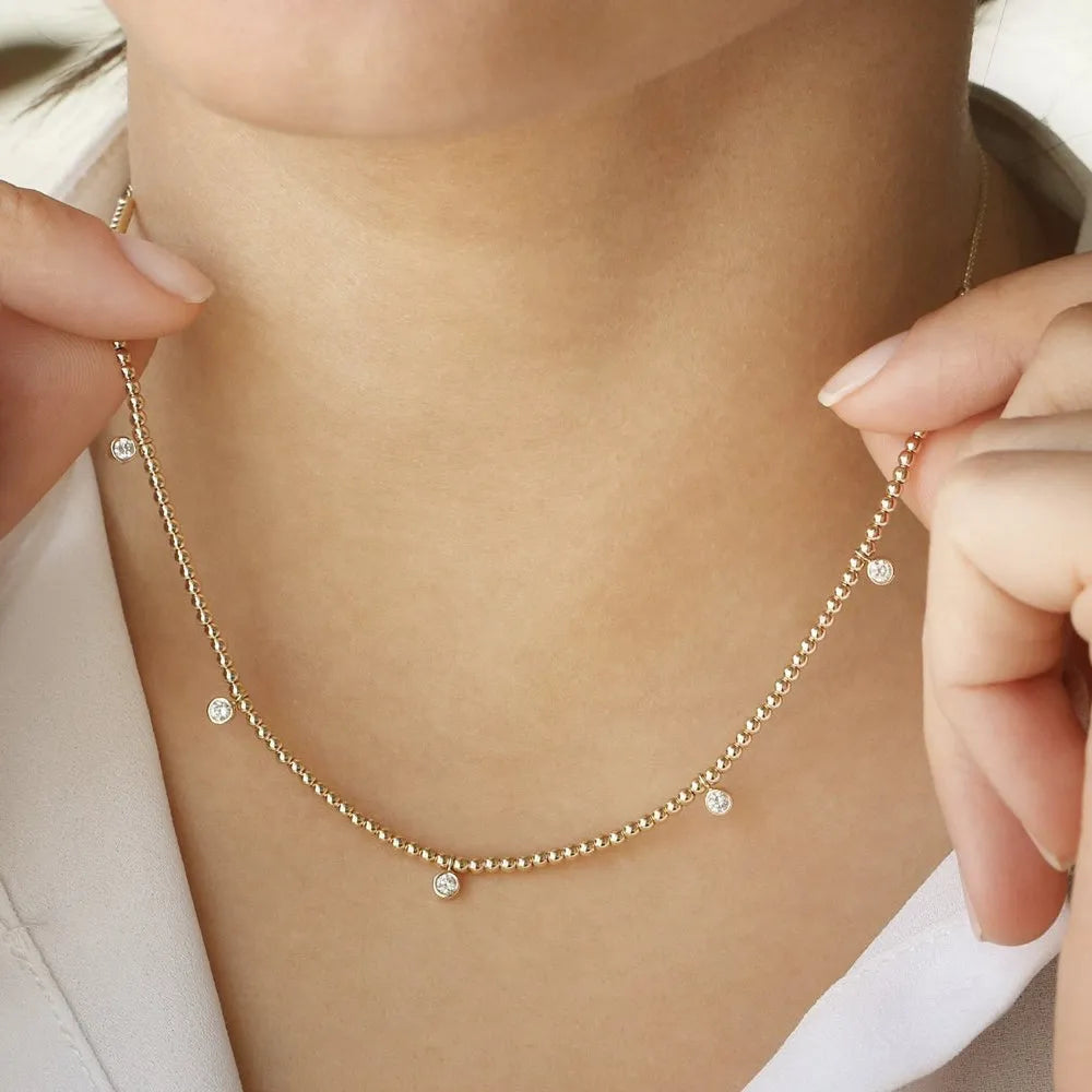 14K Solid Gold Round Diamond 5 Stone Dangling Bezel Set 2mm Bead Necklace 0.36ctw
