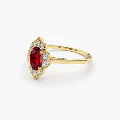 14k Gold Ruby and Diamond Oval Round Cut Victorian Ring Prong Micro Pave 0.58 ctw