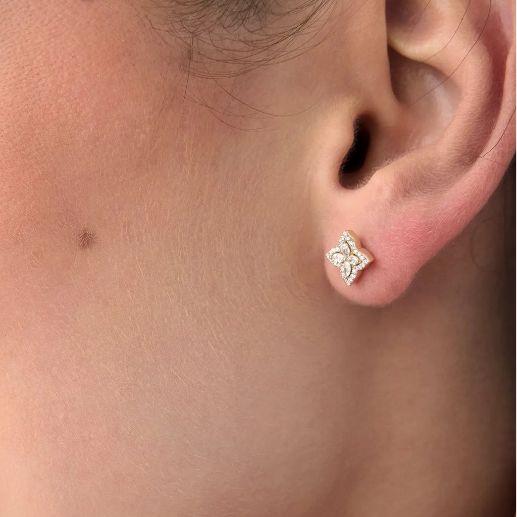 14k Gold Diamond Round and Marquise Cut Petal Halo Stud Earrings 0.45 ctw