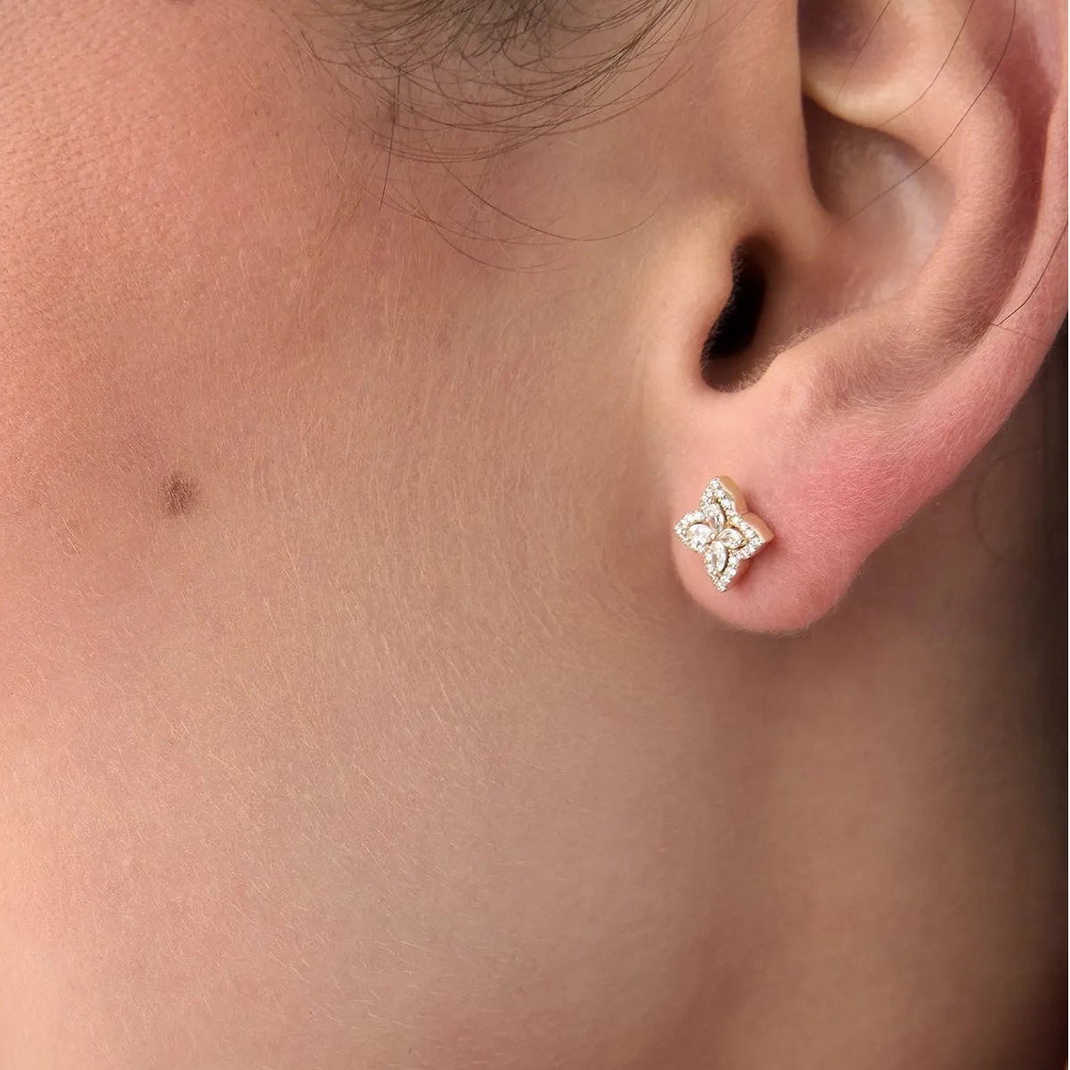14k Gold Diamond Round and Marquise Cut Petal Halo Stud Earrings 0.45 ctw
