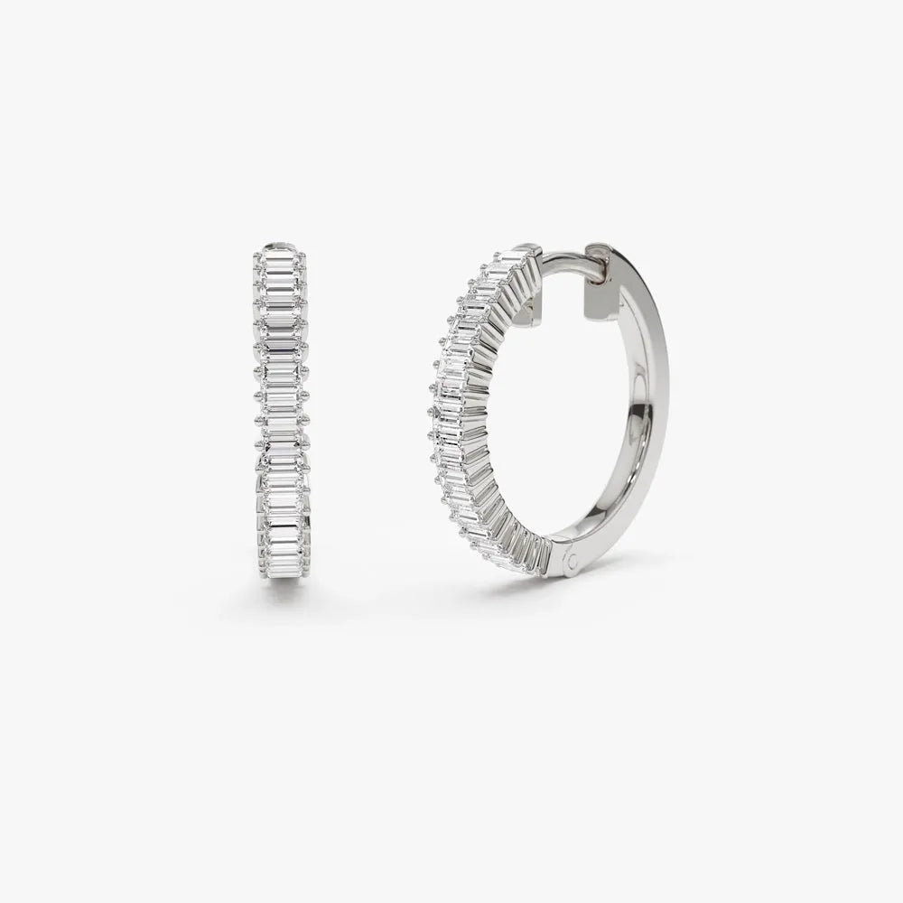 14k Gold Diamond Baguette Cut Hoop Earrings Prong Setting 0.48 ctw