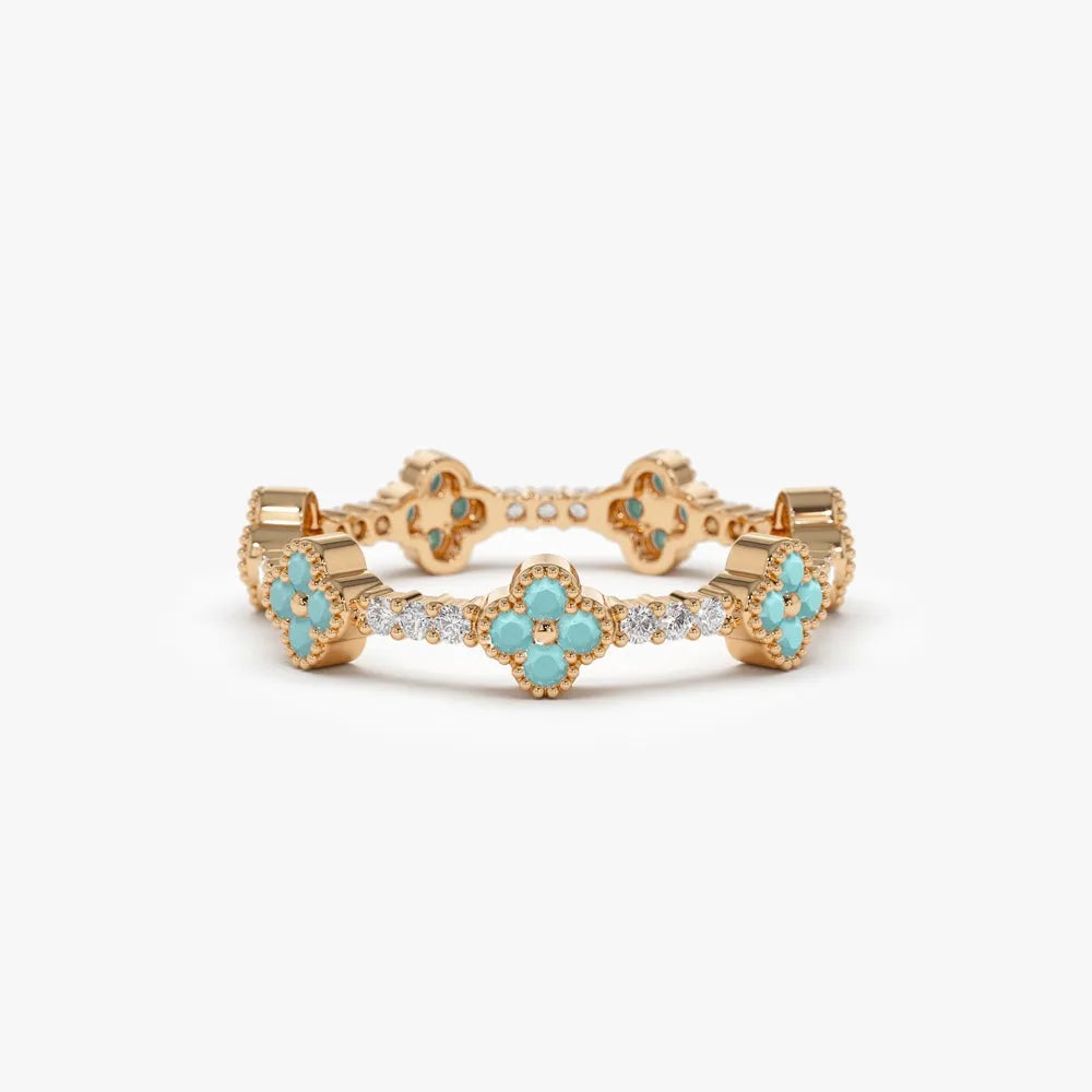14K Gold Clover Turquoise and Diamond 0.44ctw Full Eternity Ring
