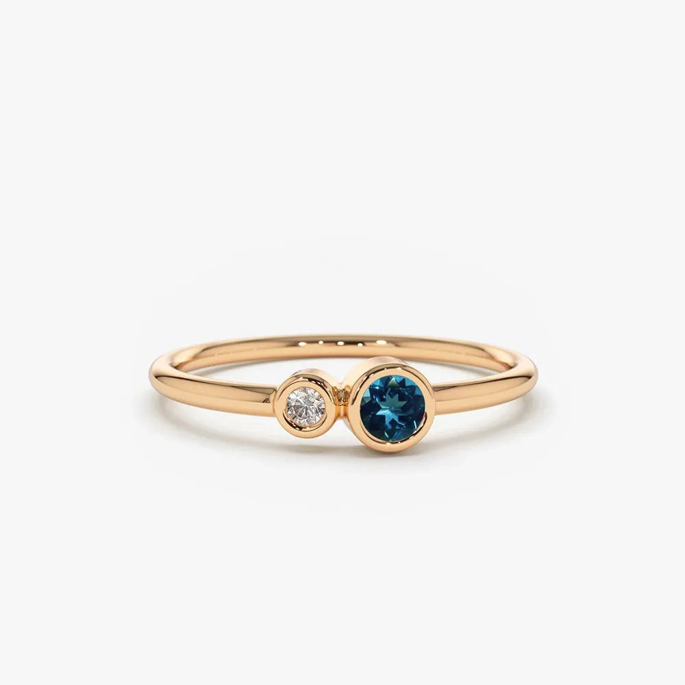 14K Gold Round London Blue Topaz and Diamond 0.18ctw Bezel Set Ring