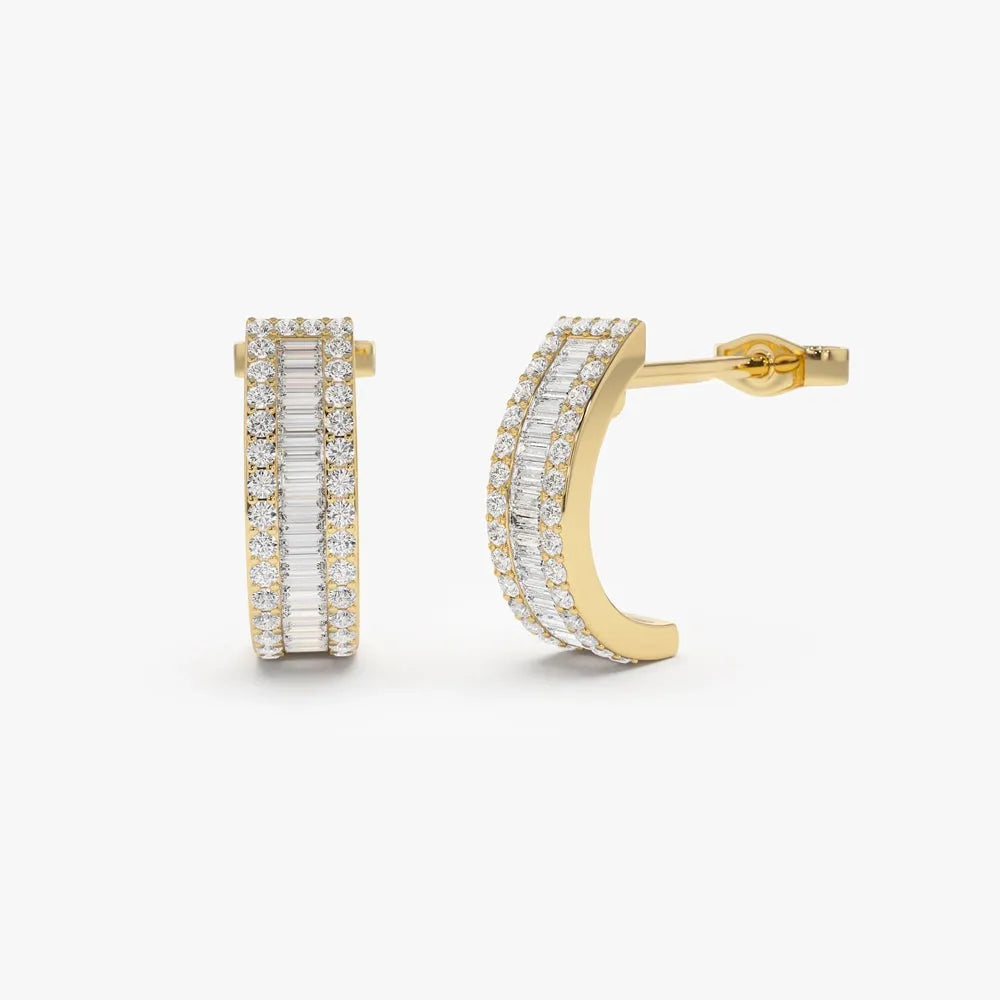 14k Gold Diamond Baguette and Round Cut Micro Pave Hoop Earrings 0.75 ctw