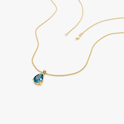 14k Solid Gold London Blue Topaz Pear Shaped Solitaire Necklace 0.80 Carat