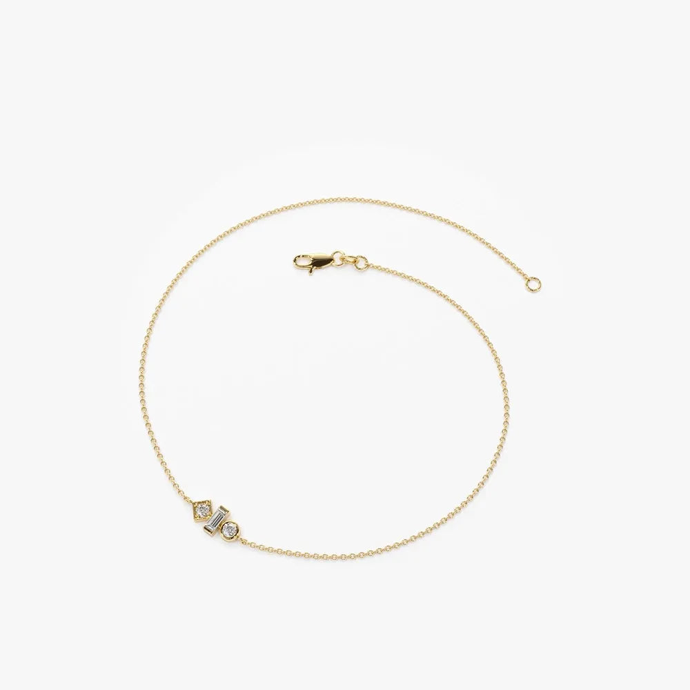 14K Solid Gold Baguette and Round Diamond Bracelet Bezel and Channel Setting 0.15 Carat