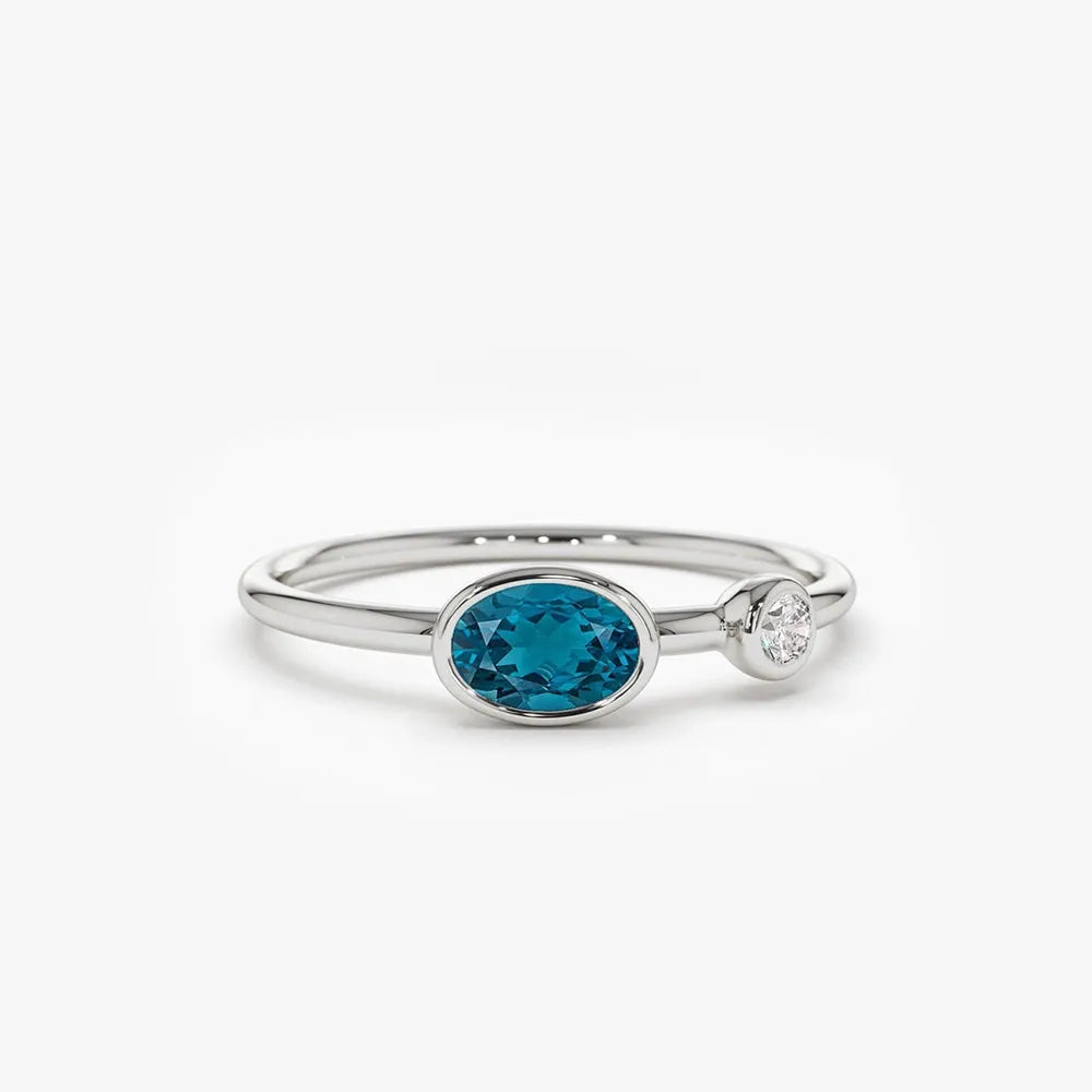 14K Solid Gold Oval London Blue Topaz and Diamond 0.59ctw Bezel Set Ring