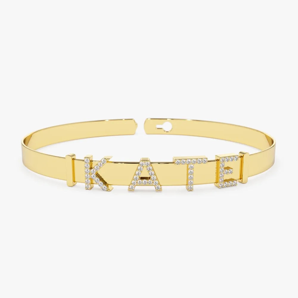 14K Solid Gold Round Diamond Sliding Initial Bangle