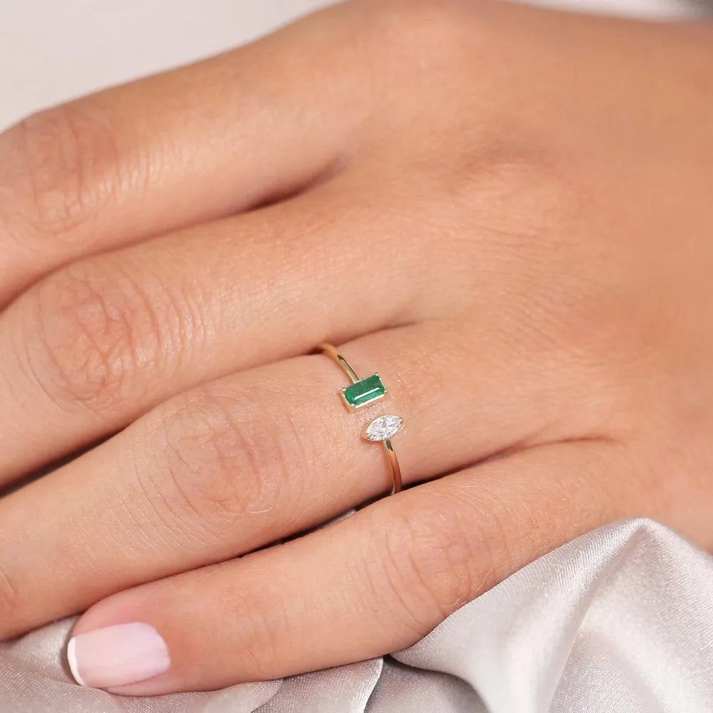 14K Solid Gold Emerald Cut Emerald and Marquise Diamond Cuff Ring 0.23 CTW Handcrafted Jewelry