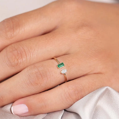 14K Solid Gold Emerald Cut Emerald and Marquise Diamond Cuff Ring 0.23 CTW Handcrafted Jewelry