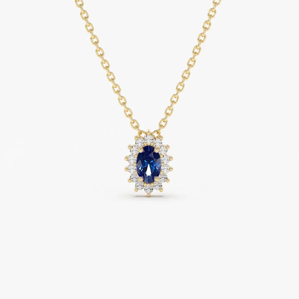 14k Solid Gold Sapphire and Diamond Oval Halo Necklace 0.35 Carat