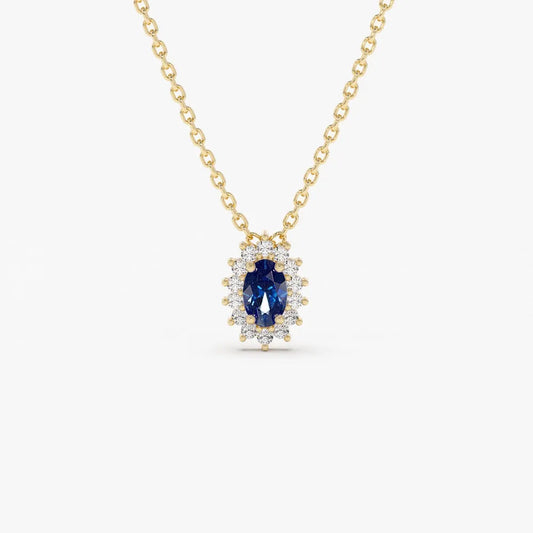 14k Solid Gold Sapphire and Diamond Oval Halo Necklace 0.35 Carat