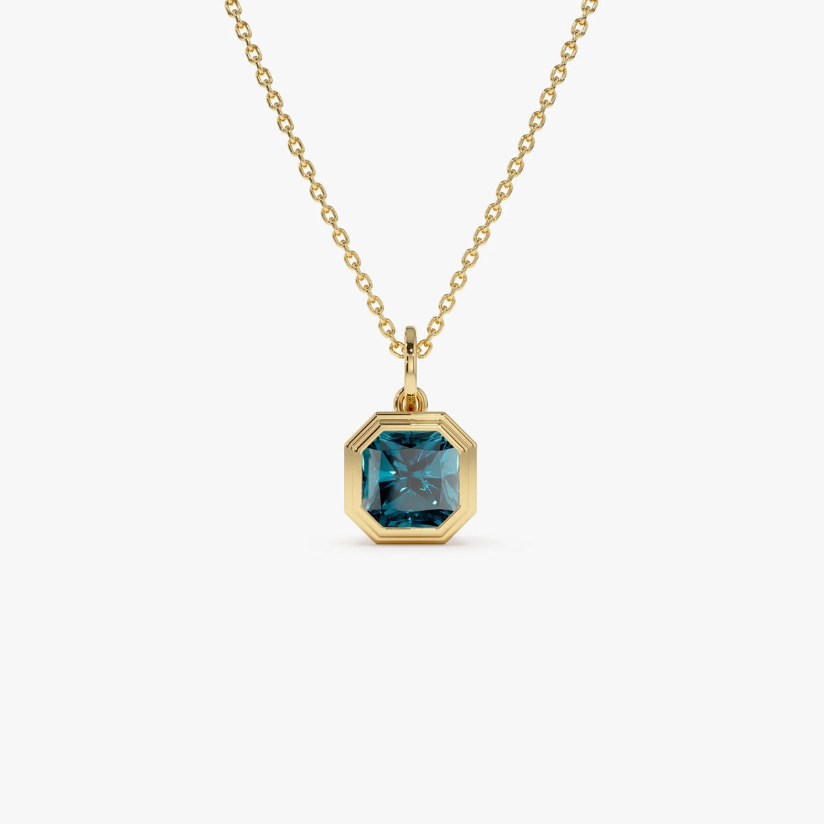 14k Solid Gold London Blue Topaz Asscher Cut Necklace 1.20 Carat Bezel Setting