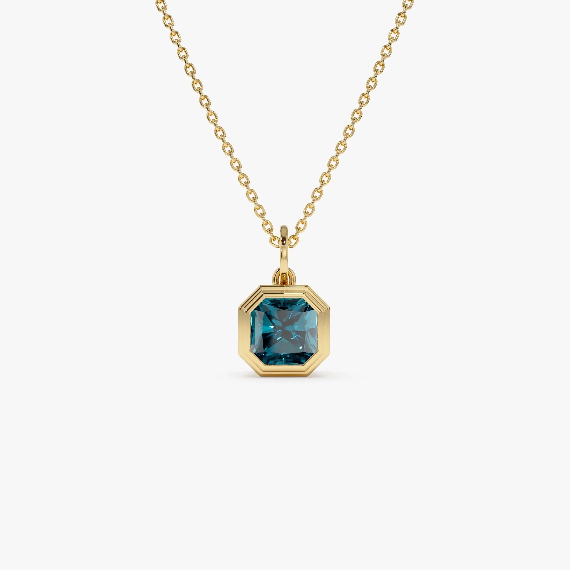 14k Solid Gold London Blue Topaz Asscher Cut Necklace 1.20 Carat Bezel Setting