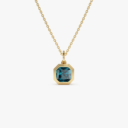 14k Solid Gold London Blue Topaz Asscher Cut Necklace 1.20 Carat Bezel Setting