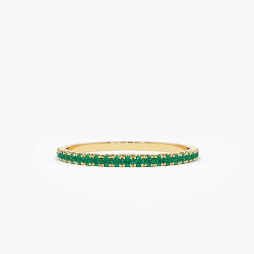 14K Solid Gold Round Emerald Micro Pave Eternity Band Ring 0.30 CTW