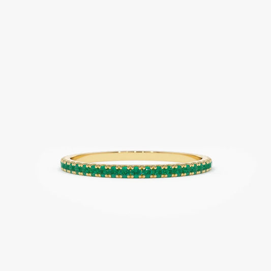 14K Solid Gold Round Emerald Micro Pave Eternity Band Ring 0.30 CTW