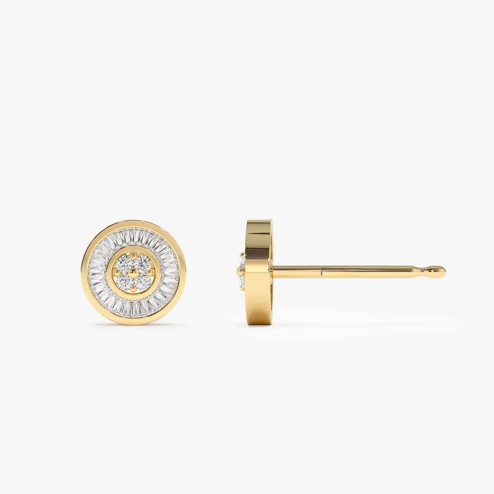 14k Gold Diamond Baguette and Round Cut Disc Stud Earrings Channel Setting 0.55 ctw