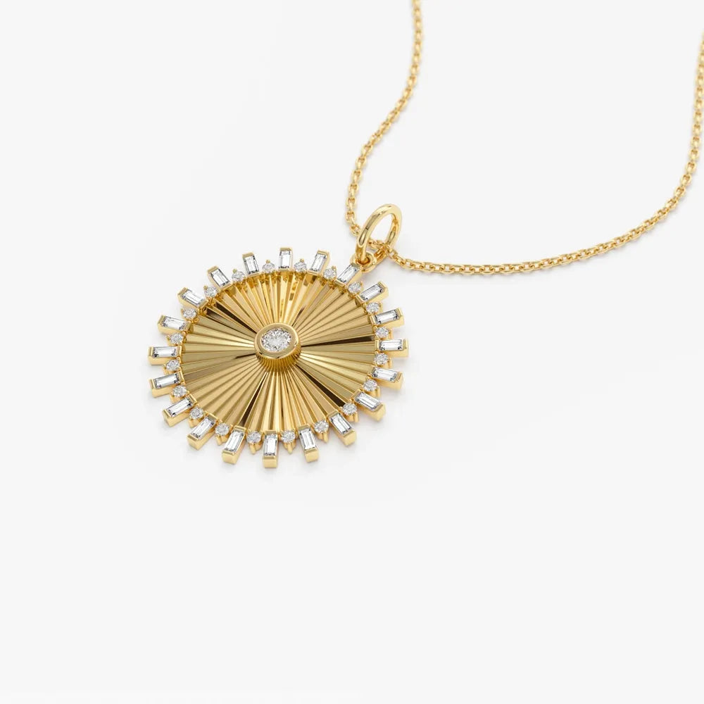 14K Solid Gold Baguette and Round Diamond Disc Ray Pendant Necklace 0.55ctw
