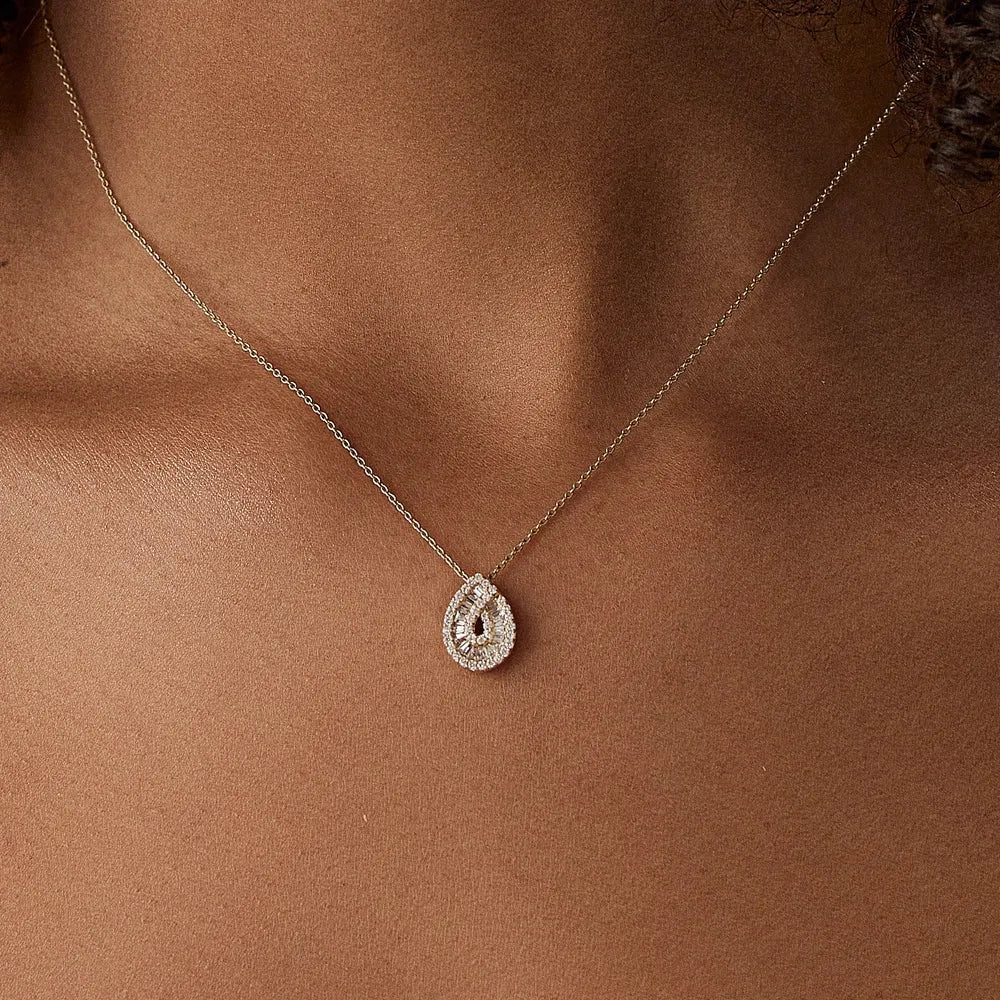14K Solid Gold Baguette and Round Diamond Teardrop Statement Necklace 0.48ctw