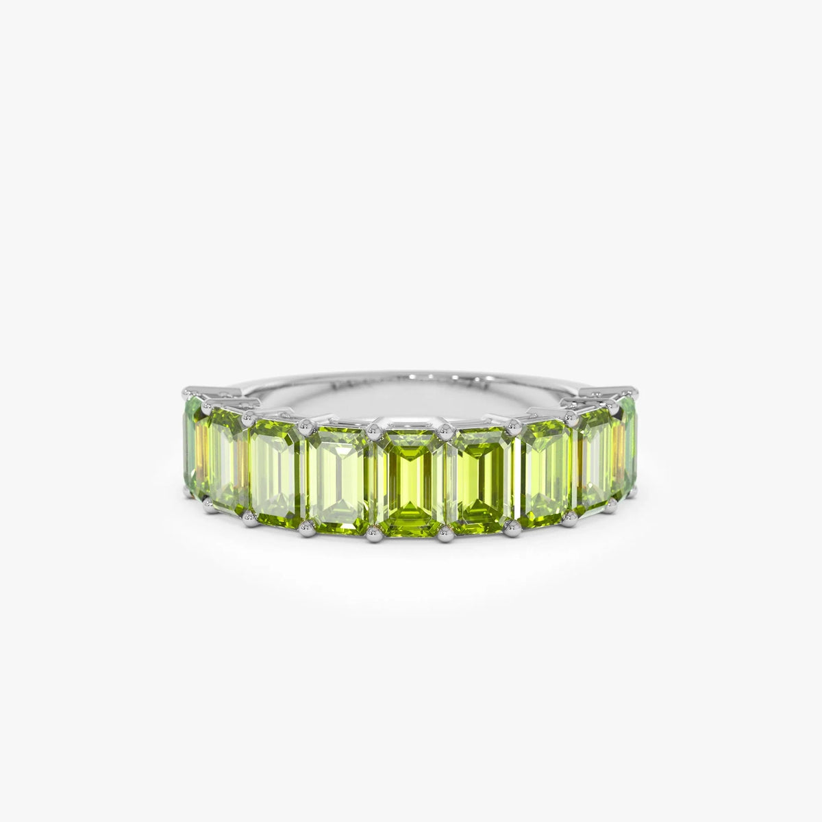 14K Solid Gold Emerald Cut Peridot 2.35 Carat Nine Stone Ring
