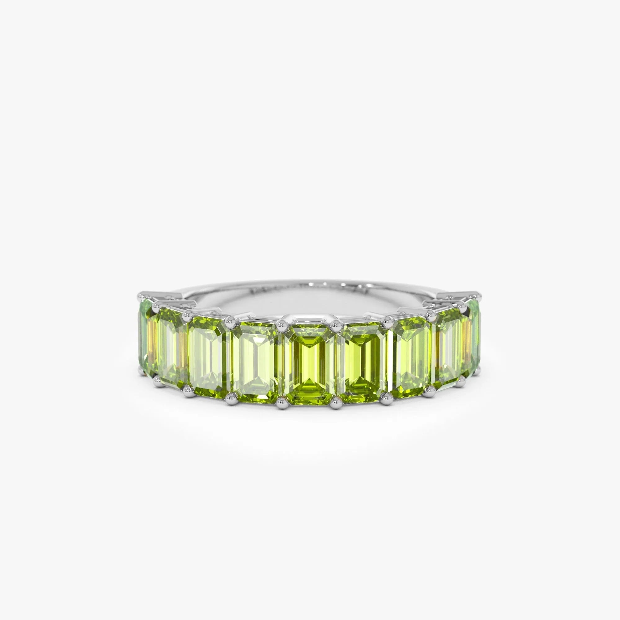14K Solid Gold Emerald Cut Peridot 2.35 Carat Nine Stone Ring
