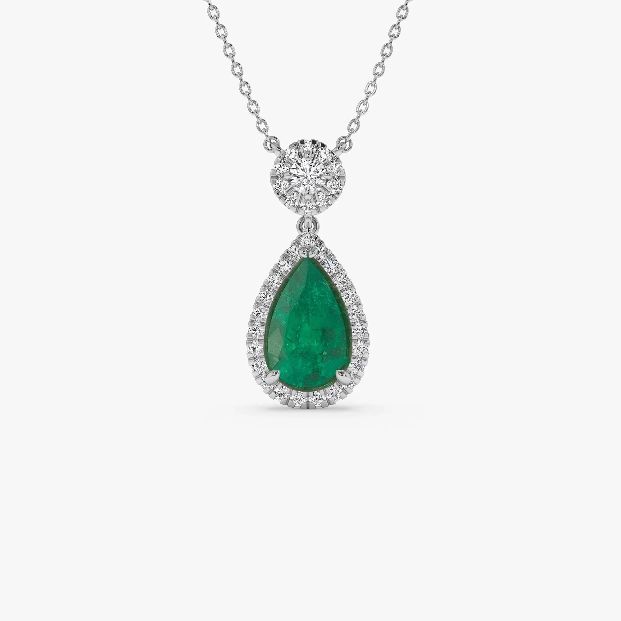 14k Solid Gold Pear Shape Emerald 2.00 CTW and Round Diamond 0.35 CTW Halo Pendant Necklace