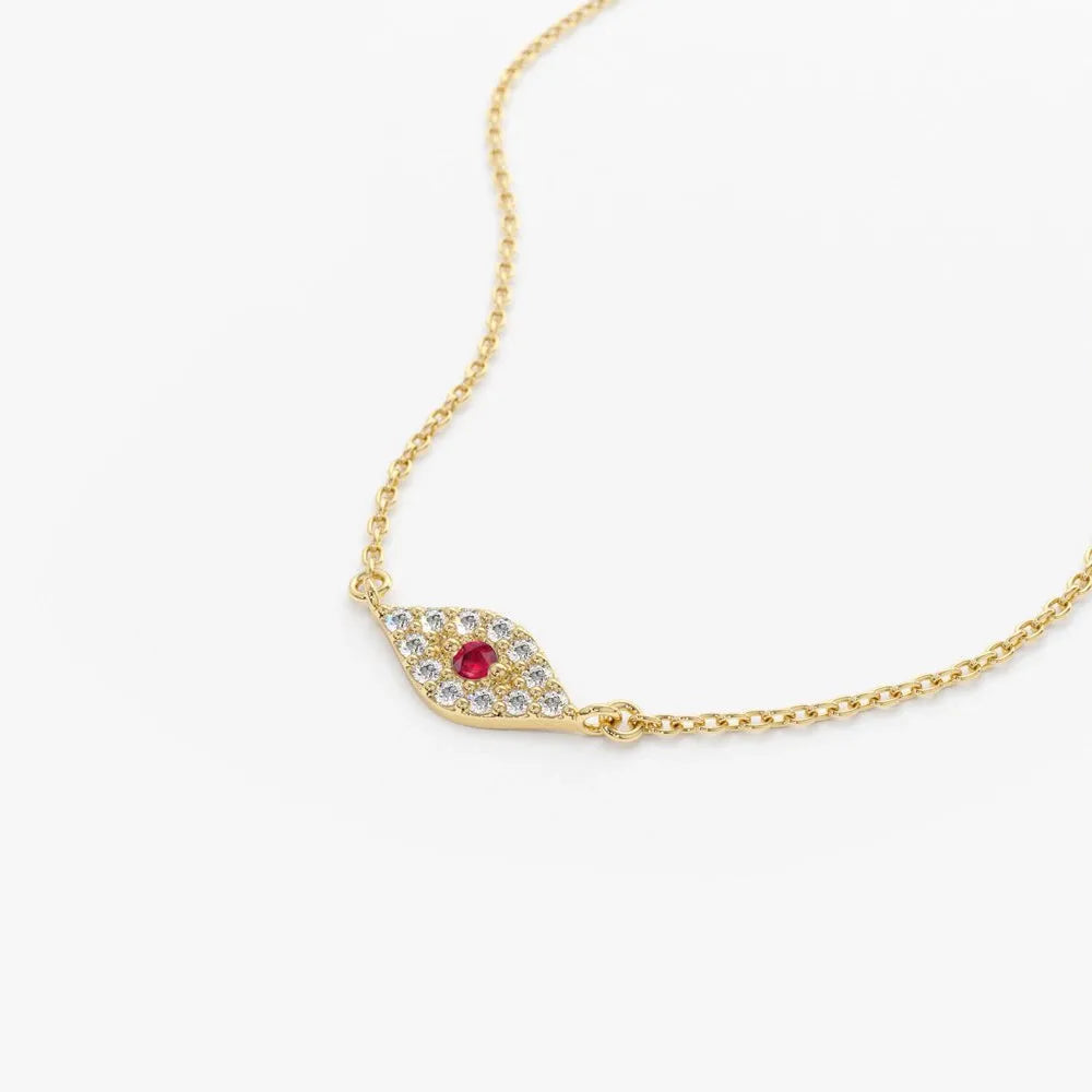 14k Solid Gold Ruby and Diamond Round Evil Eye Necklace 0.17 Carat Micro Pave Setting