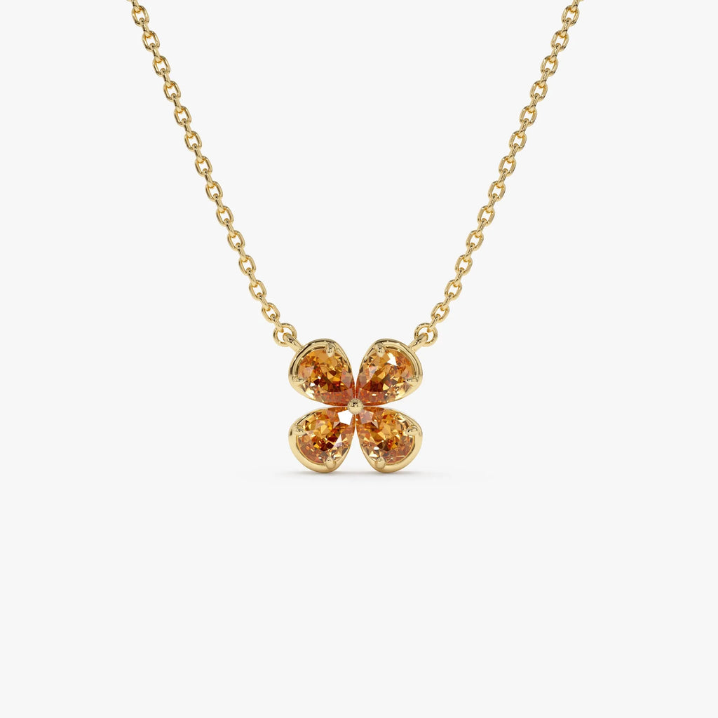 14k Solid Gold Citrine Pear Shaped Four Leaf Clover Necklace 0.55 Carat