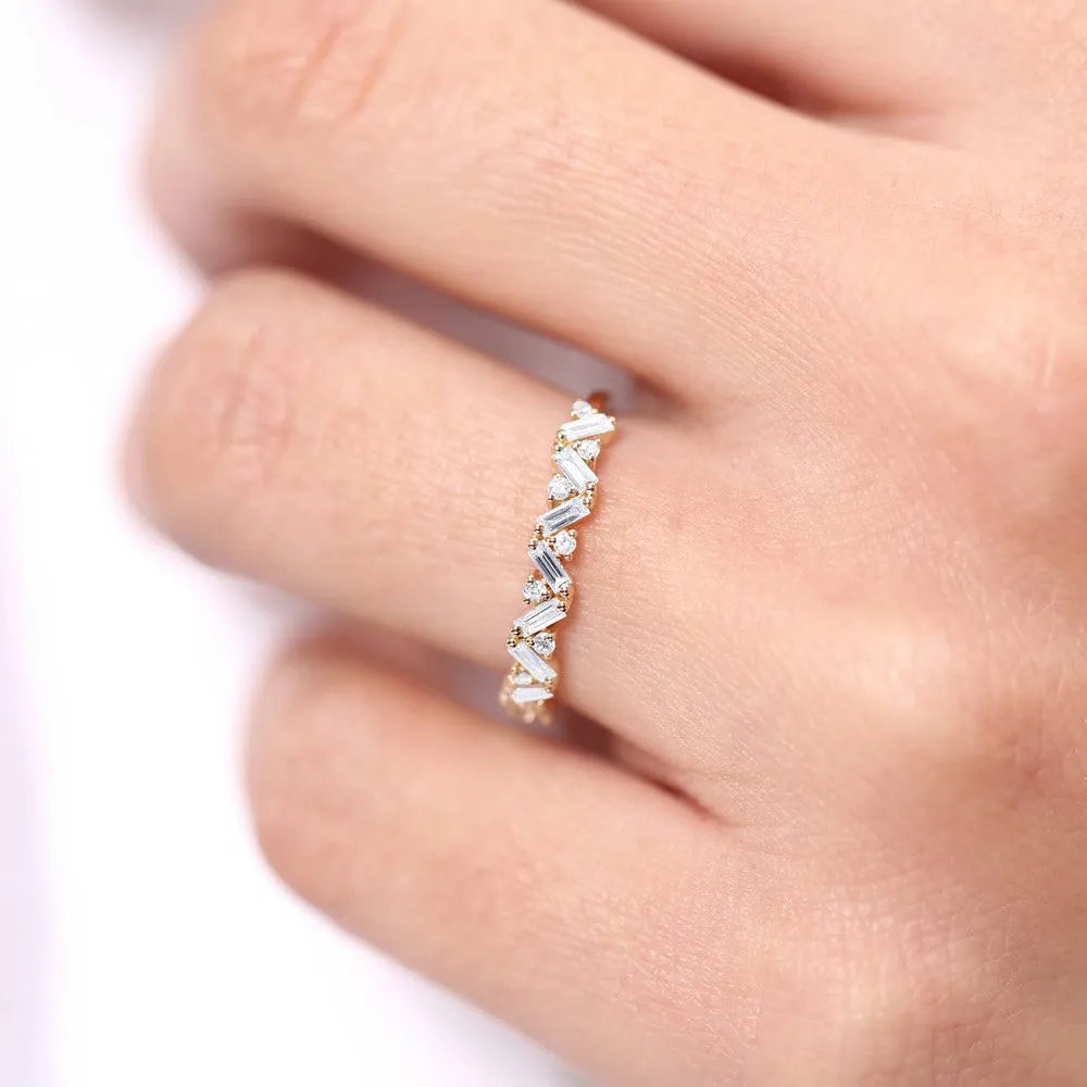 14K Gold 0.35 Carat Baguette and Round Diamond Slanted Prong Set Ring