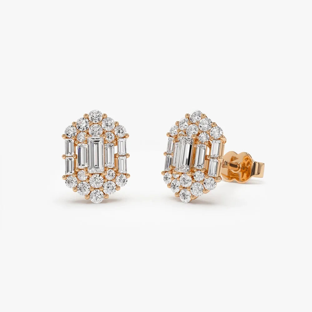 14k Gold Diamond Baguette and Round Cut Hexagon Stud Earrings Prong Setting 0.80 ctw