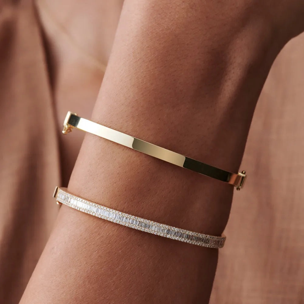 14K Solid Gold 1.63 CTW Baguette and Round Diamond Half Eternity Bangle