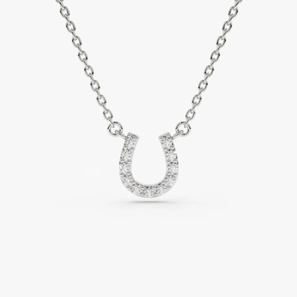 14K Solid Gold Round Diamond Micro Pave Mini Horseshoe Necklace 0.06cttw