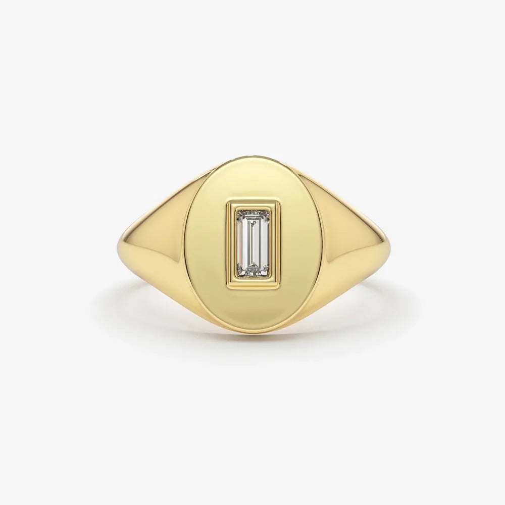 14K Gold Baguette Diamond Bezel Set Oval Signet Ring 0.13ctw