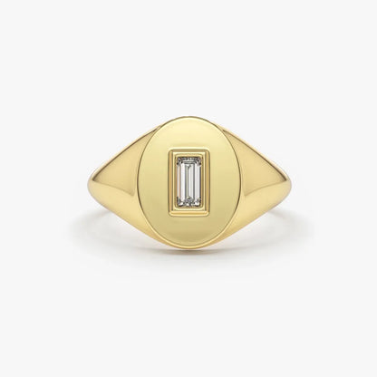 14K Gold Baguette Diamond Bezel Set Oval Signet Ring 0.13ctw