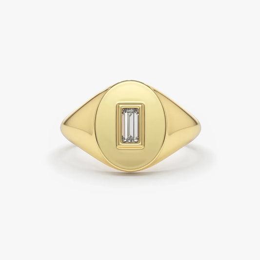14K Gold Baguette Diamond Bezel Set Oval Signet Ring 0.13ctw