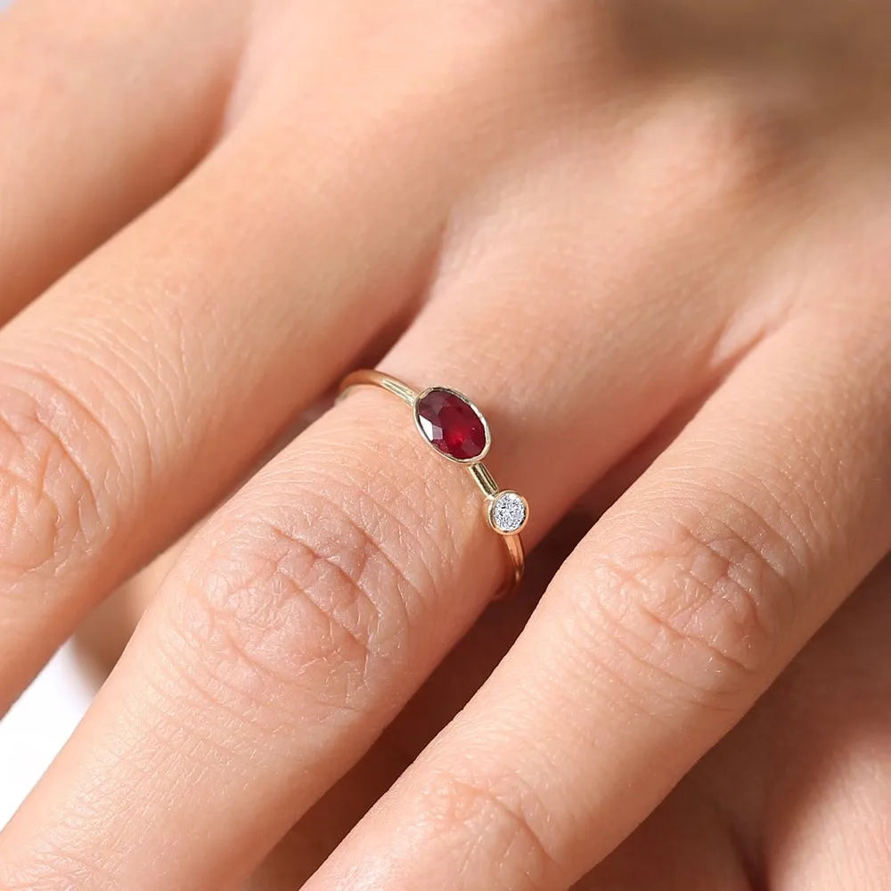 14k Gold Ruby and Diamond Oval and Round Cut Bezel Setting Ring 0.49 ctw