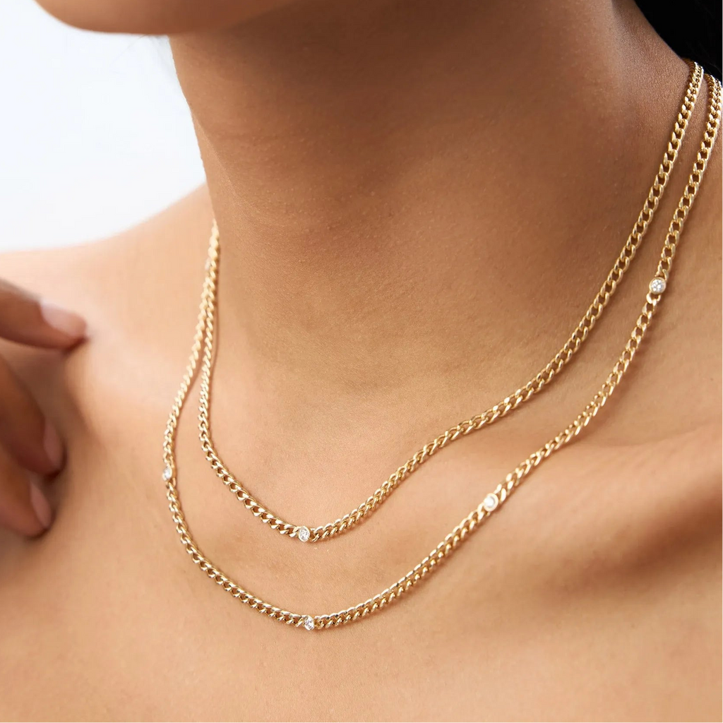 14K Solid Gold Round Diamond Cuban Link Necklace Bezel Set 3mm 0.30cttw