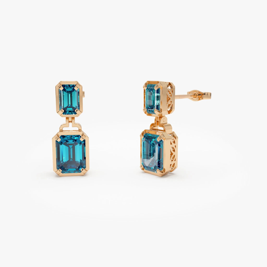 14K Solid Gold Octagon Cut London Blue Topaz Dangle Drop Earrings 3.9ctw