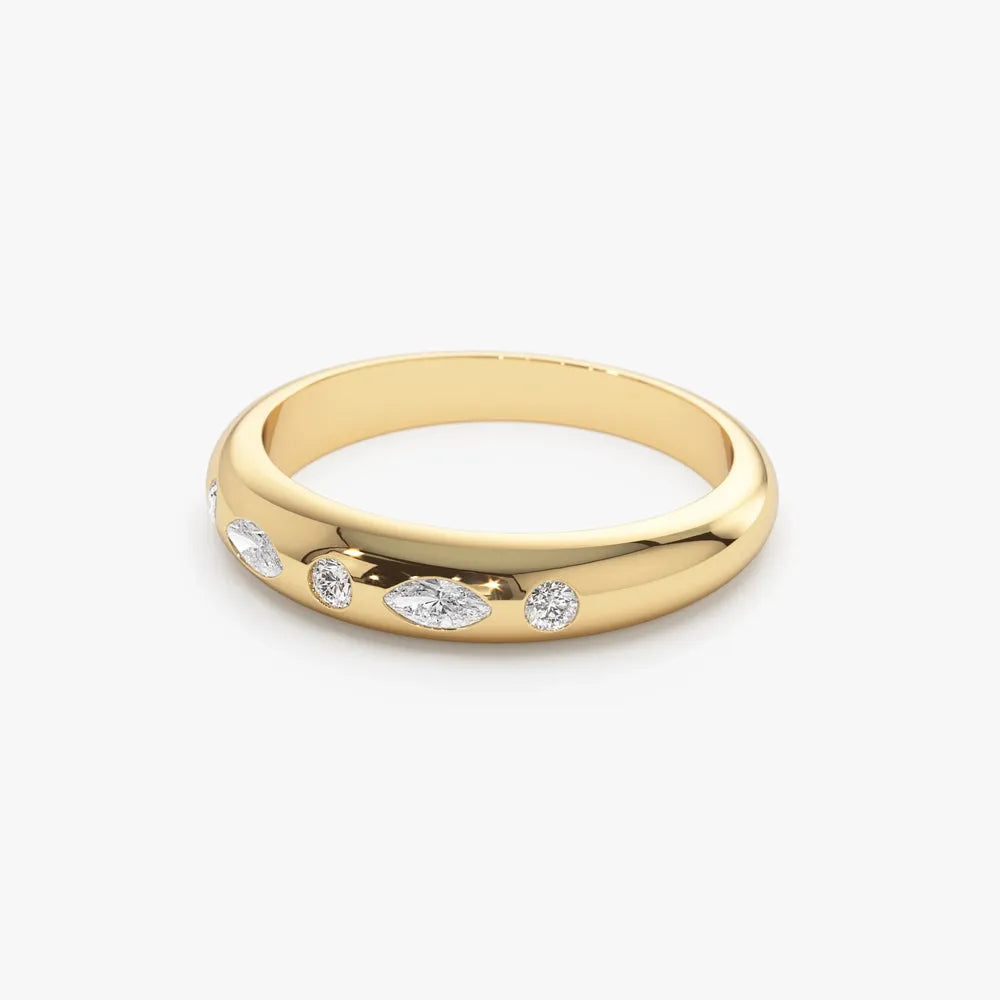 14k Gold Diamond Marquise and Round Dome Flush Setting Ring 0.22 ctw