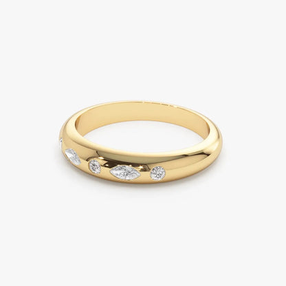14k Gold Diamond Marquise and Round Dome Flush Setting Ring 0.22 ctw