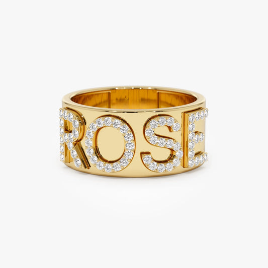 14K Solid Gold Diamond Chunky Name Band Ring Personalized Custom Jewelry