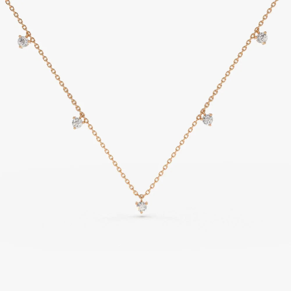 14K Solid Gold Round Diamond 5 Stone Dangling Necklace Prong Setting 0.35ctw