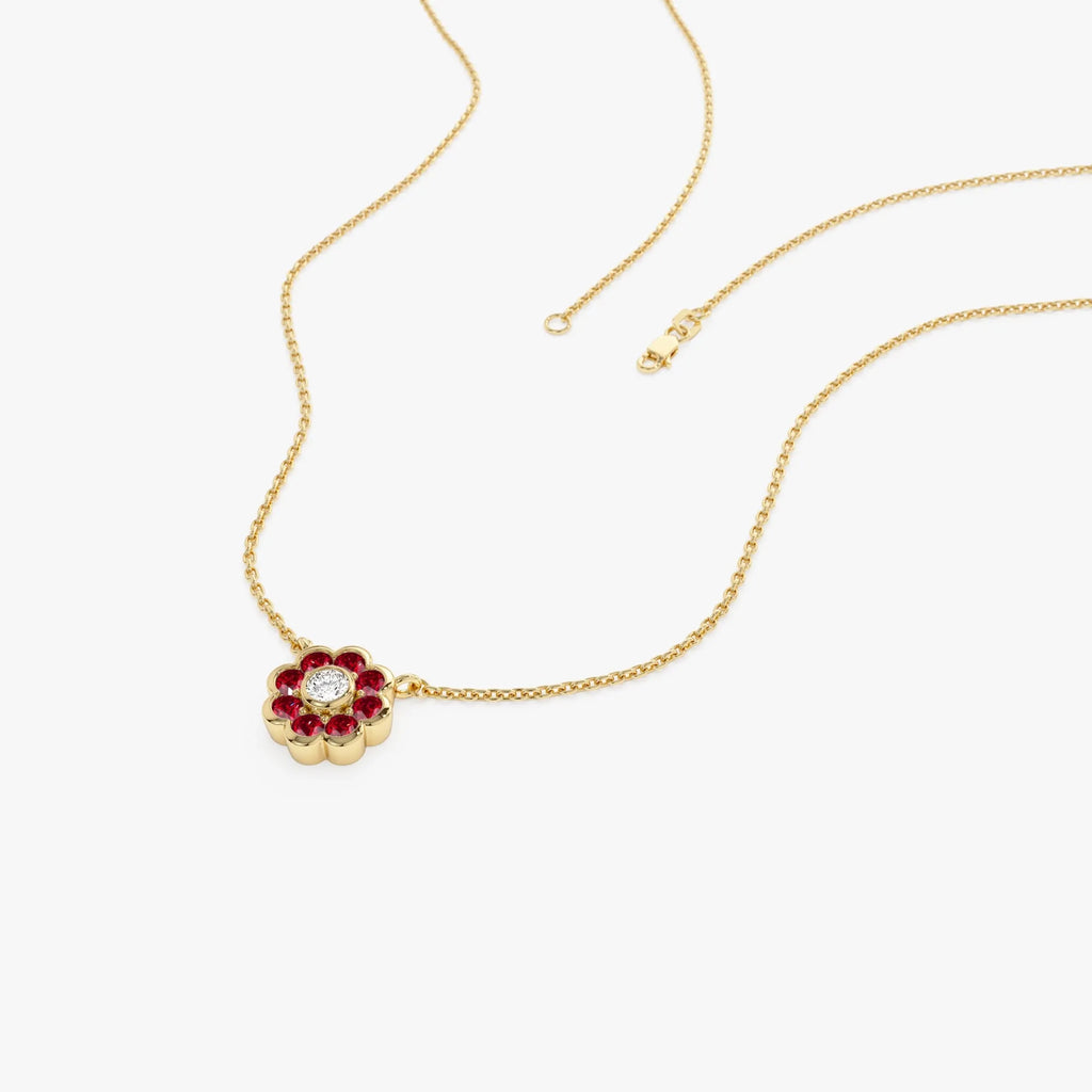 14k Solid Gold Ruby and Diamond Round Flower Necklace 0.35 Carat Bezel Setting